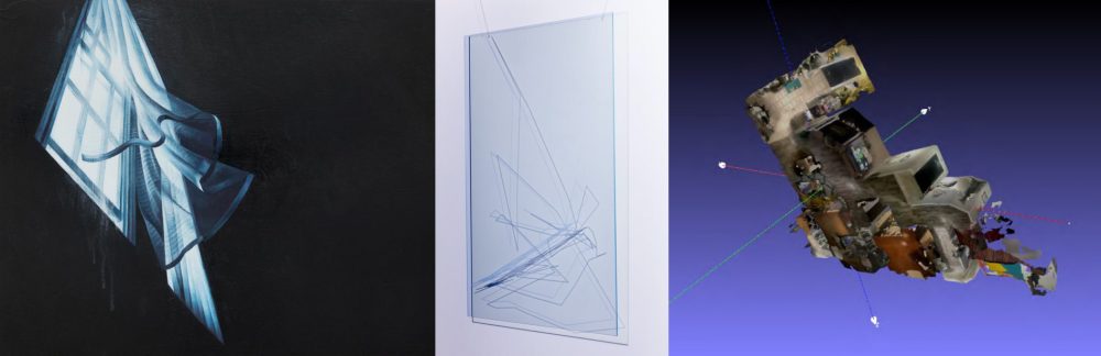 Three images from left to right. Painting of a dark room. Middle image of framed wok with lines moving throughout the composition. Photographic image with a floating cutaway of an interior space with black to blue gradient background.