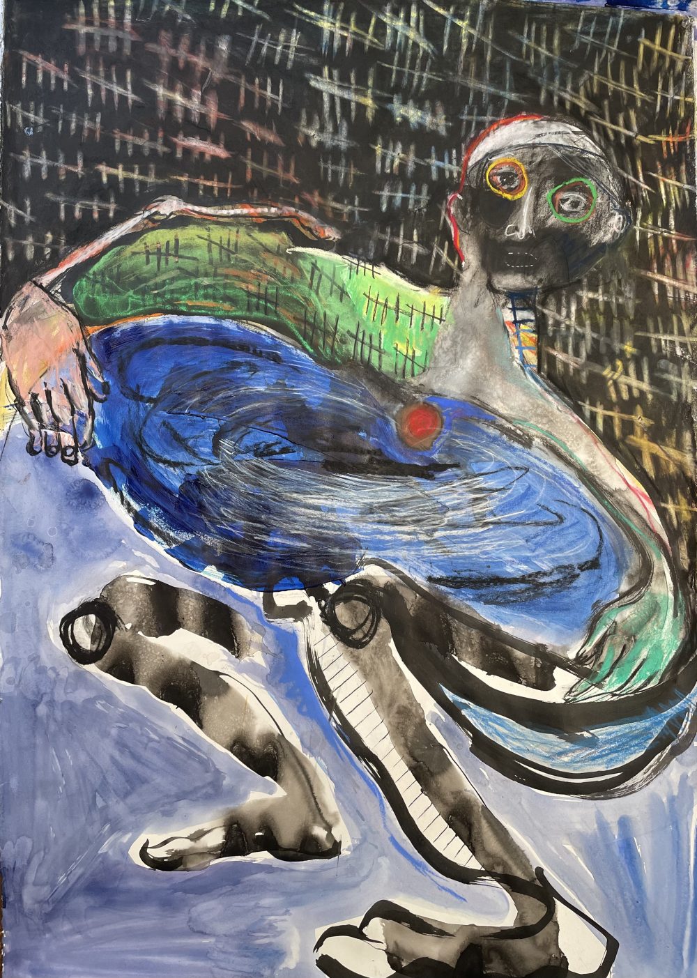 Painting of person holding out arms with counting hatch marks on the wall behind them.