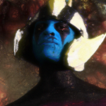 Image of hero with blue face wearing a winged helmet.