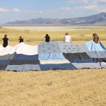 (promotional image description) image of five people carrying a large quilt in a desert near the mountains
