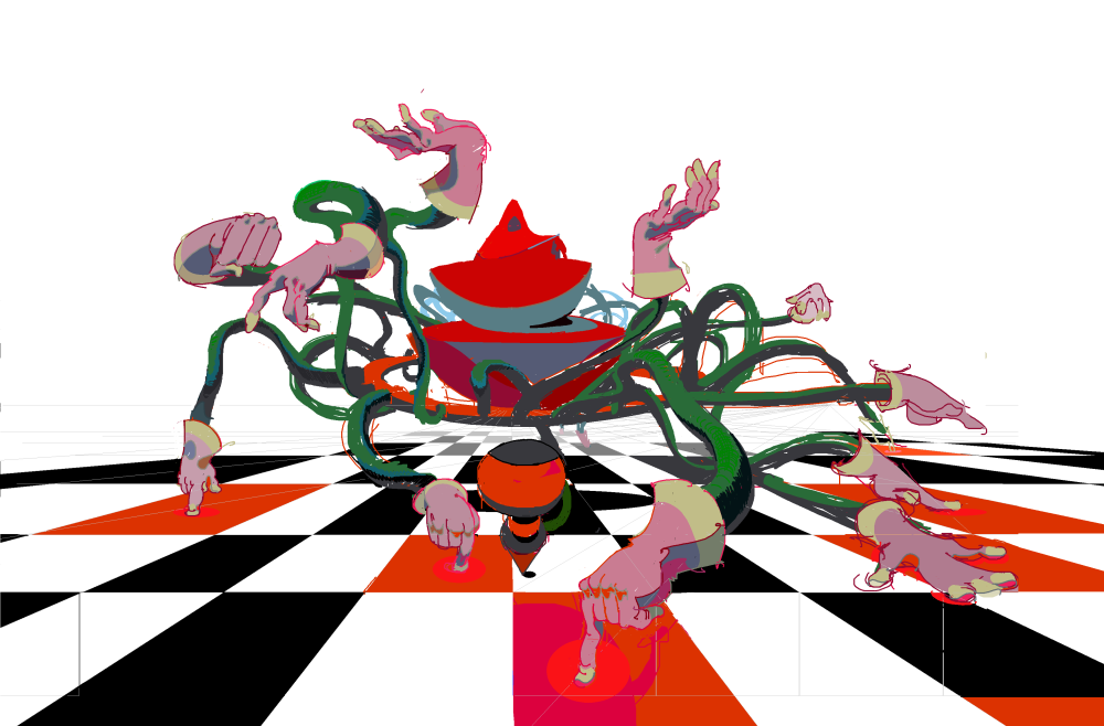 Multiple armed being on a checkerboard table.