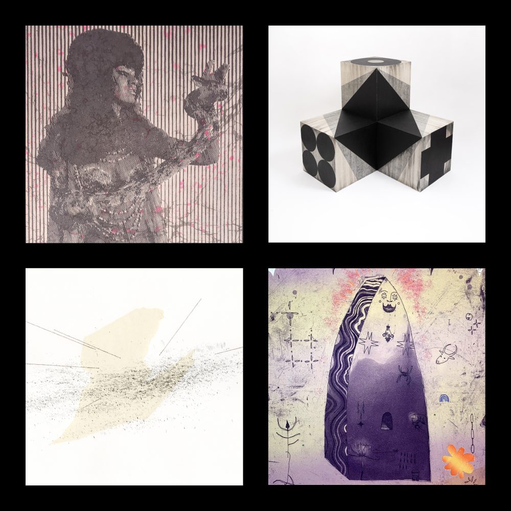 Promotional image (with description) above: From Left to Right: Gordon Barnes, Untitled (Snake Charmer), Woodcut, 2023 Chris Chandler, Cube 2, Woodtype, 2023 Sam Orosz, Landscape II, Lithograph with mounted eastern paper and silver leafing, 2023 Cammy York, Just Girlie Things, Intaglio and Mixed Media,2023