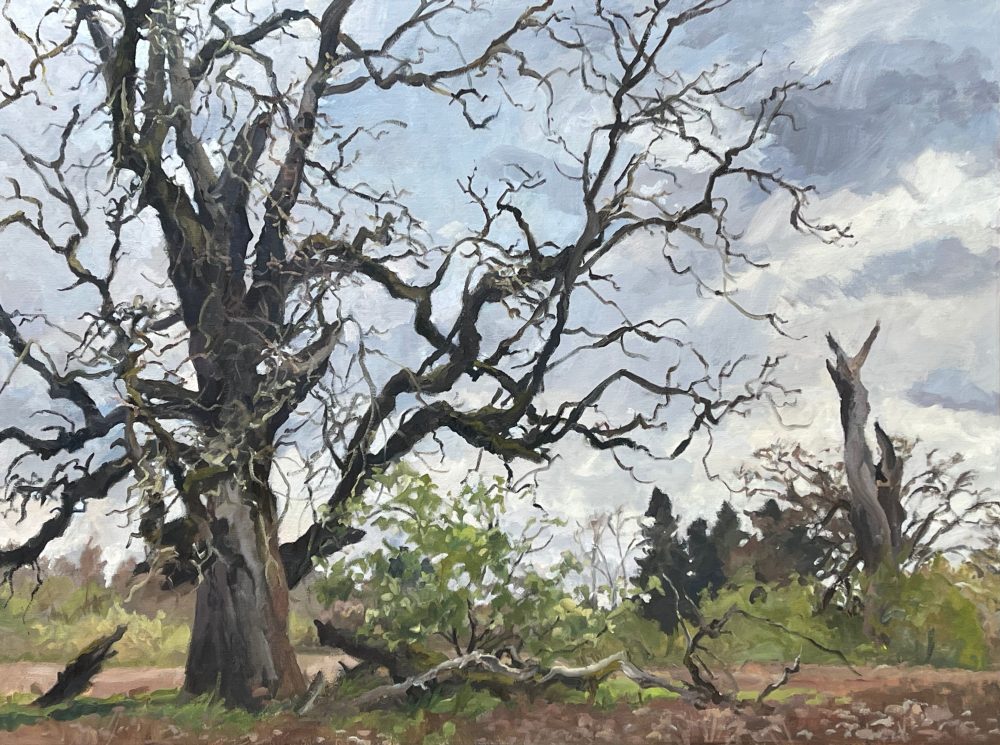 Large oak tree in a landscape painting