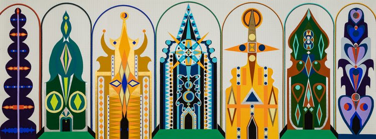 bright geometric figures in collage