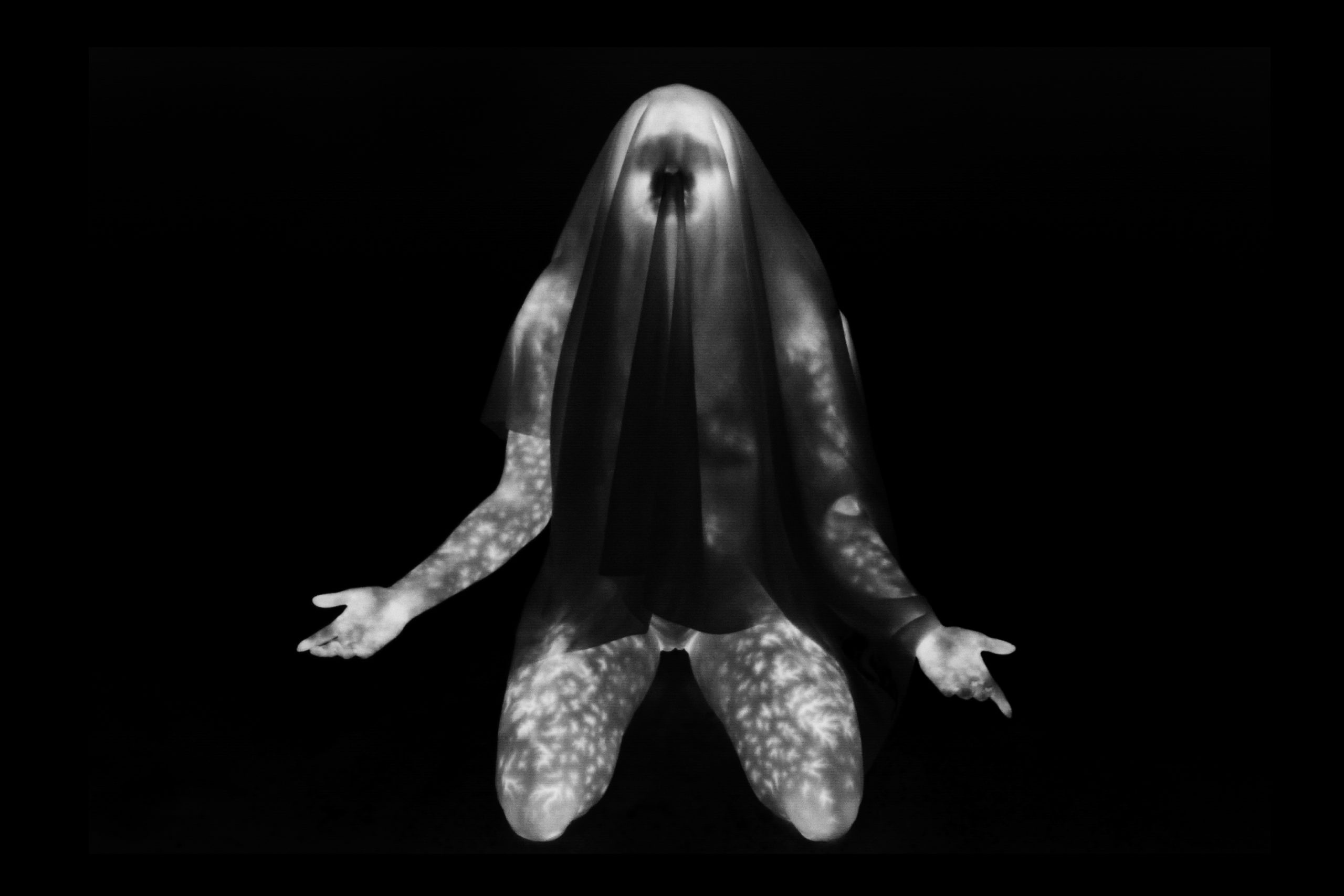 Celestial Navigator (Shroud) Marne Lucas 2025 Archival pigment print, Royal silk chiffon banner, plexiglass rod 40 x 60 inches