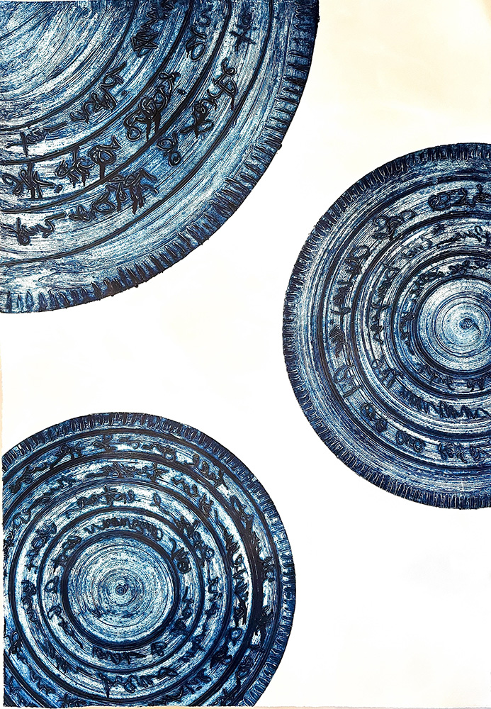 Print of three blue patterned circles