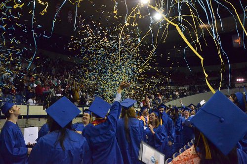 Students graduating with confetti