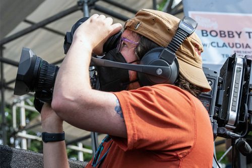 Man using a video camera at an event