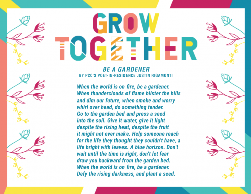 Text of poem Be A Gardener by Justin Rigamonti with colorful patterns along the borders