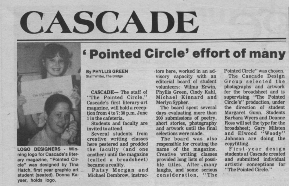 Clipping from a 1983 Issue of the PCC Newspaper the Bridge, explaining the origins of the Pointed Circle Literary Magazine