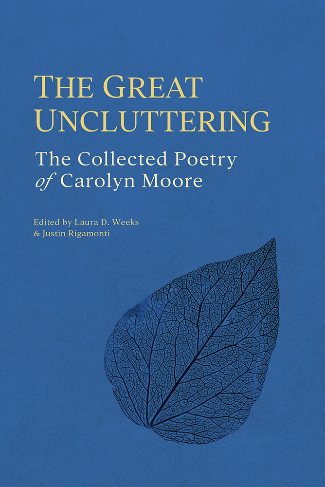 Blue cover of the book title "The Great Uncluttering" in yellow serif font, with a picture of a leaf skeleton on the cover