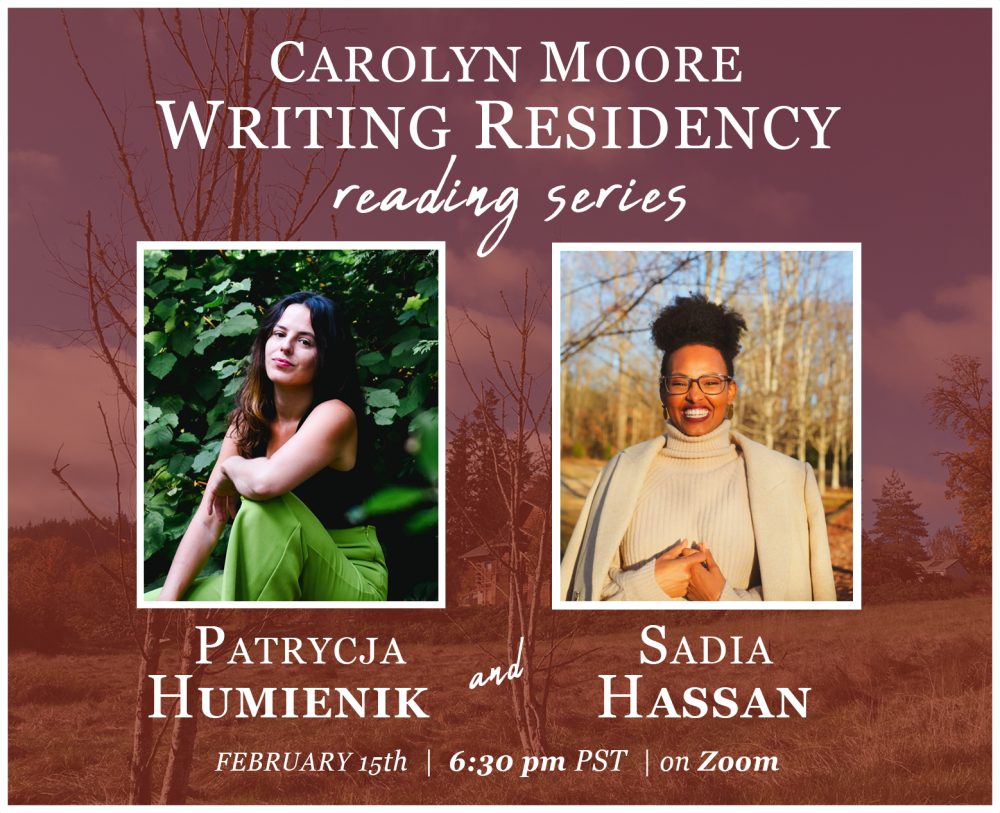 Red-tinted landscape photo overlaid with color photos of Patrycja Humienik and Sadia Hassan