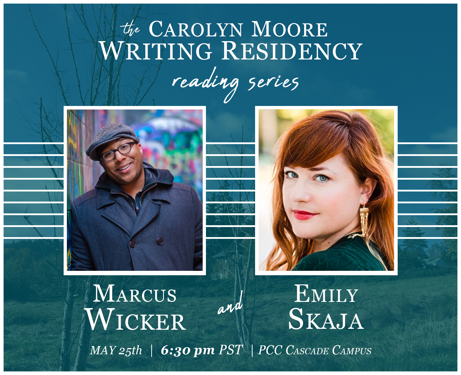 Invitation to a reading with photos of two poets, Marcus Wicker and Emily Skaja