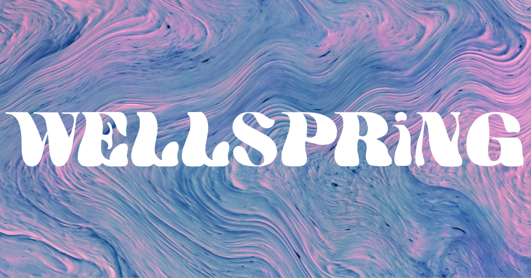 Wellspring logo in white text over a swirl of purple and pink paint.