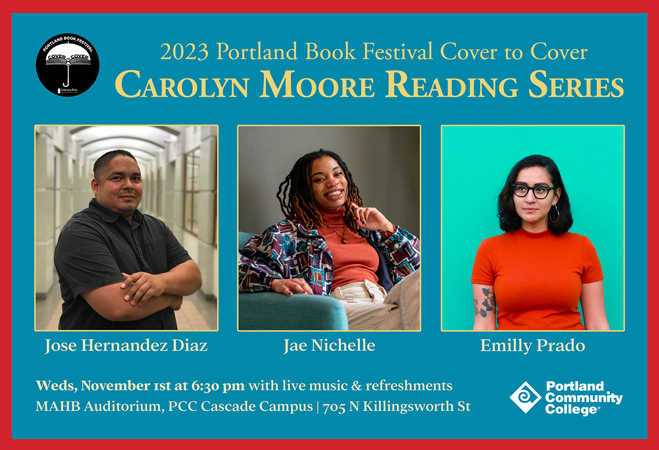A blue and red event posted for the November 1st PCC reading with images of the three readers, Jose Hernandez Diaz, Jae Nichelle, and Emilly Prado