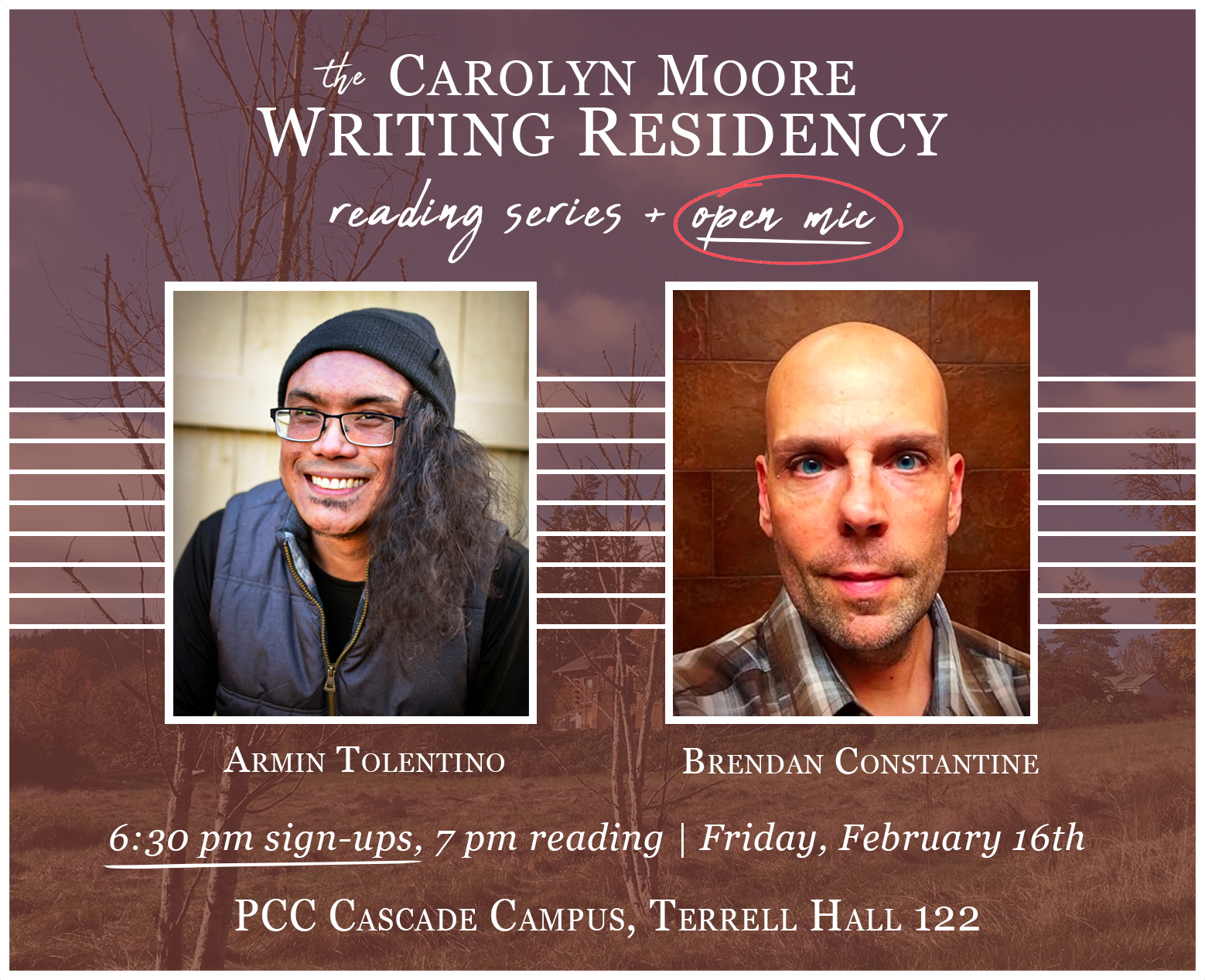 a poster featuring information about an upcoming reading/open-mic on Friday, Feb. 16 at 7 p.m. featuring headshots of two poets, Armin Tolentino and Brendan Constantine