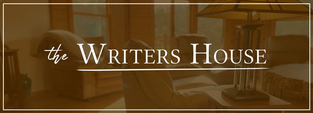 A brown photo of the Great Room of the Writers House, overlaid with white text that says "The Writers House"