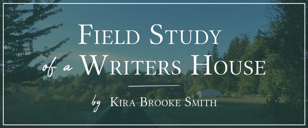 A blue-tinted photo of the Writers House overlaid with white text that says "Field Study of a Writers House by Kira Brooke Smith"