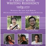Purple graphic that says "Carolyn Moore Writing Residency Reading Series" in white, with images of the five readers