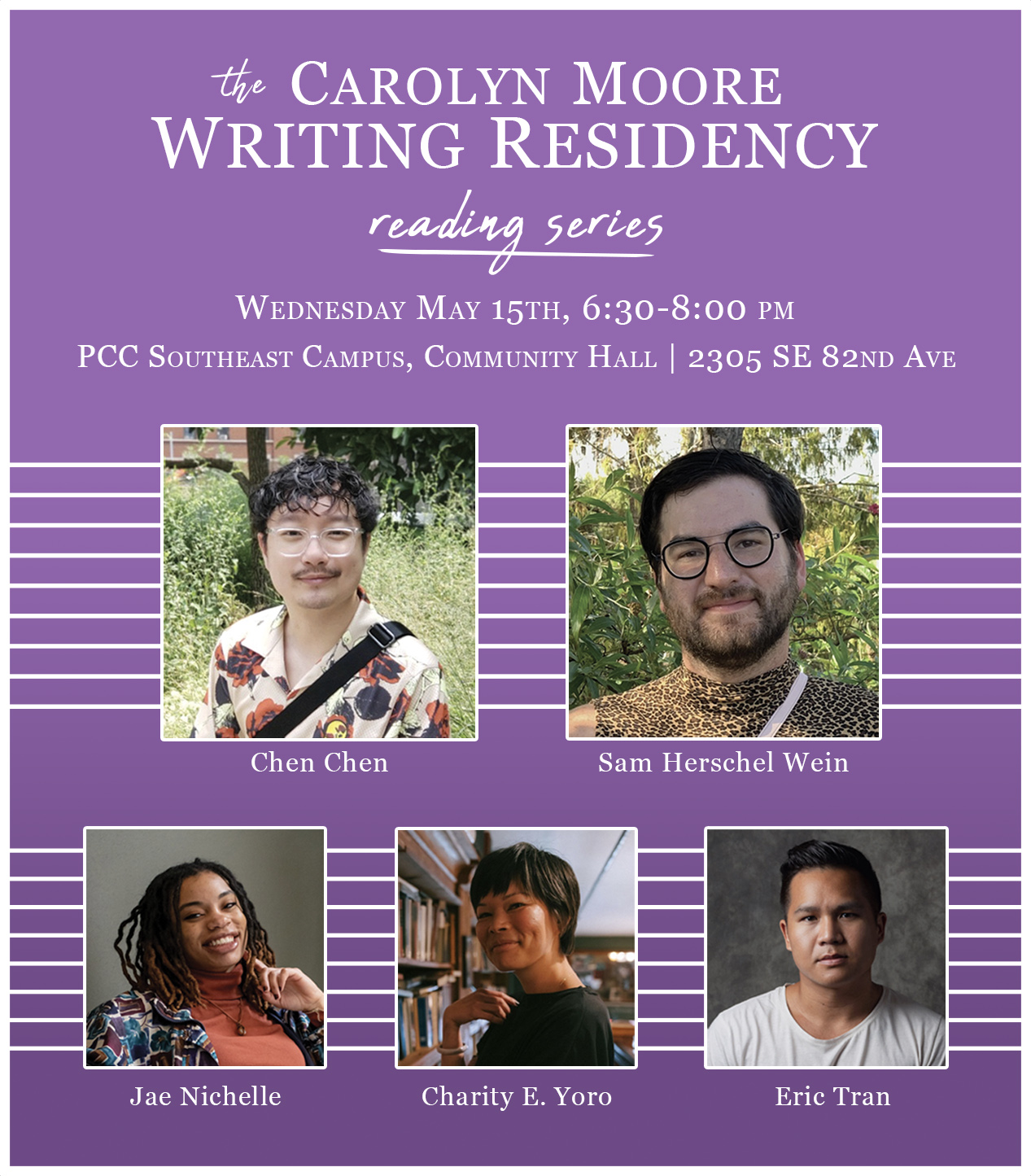 Purple graphic that says "Carolyn Moore Writing Residency Reading Series" in white, with images of the five readers 