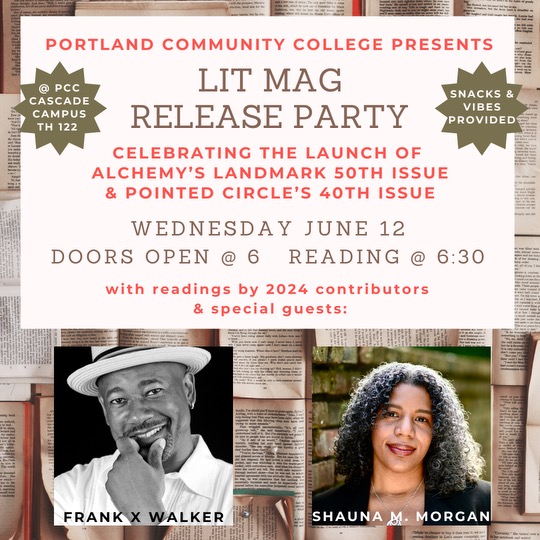 Literary Magazine Launch graphic featuring photos of the two readers, Frank X Walker and Shauna M. Morgan