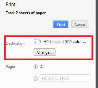In the print dialog, click the Change button under Destination