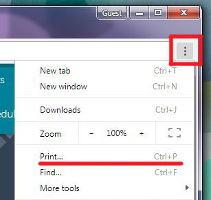 From the Chrome browser menu, select Print