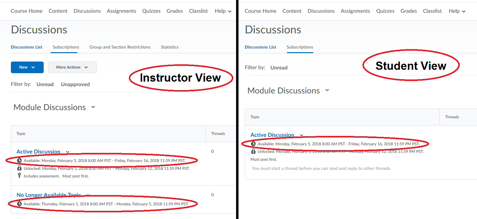 image that is split in half showing the instructor view on the left hand side with two topics, each showing an availability date range below the title of the topics. The right side shows the student perspective with only one topic showing as the second topic is not within its availability range.