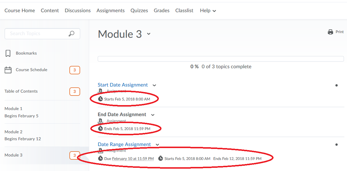 image showing assignments listed within the Content area of the course. Under the title of each assignments it shows the Start, End and Due Date for each folder.