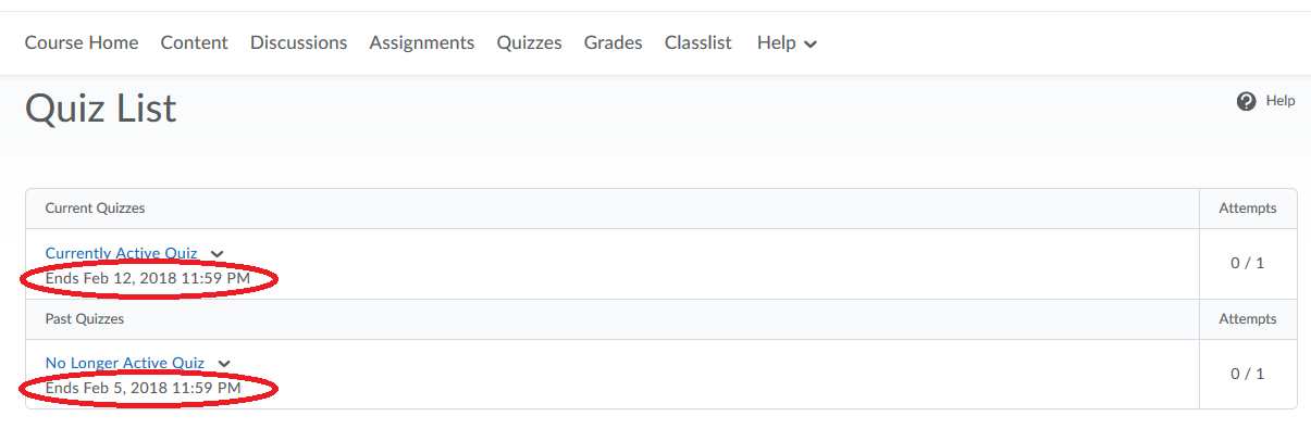 image of the Quizzes area of a course showing end dates listed under the title of each quiz.