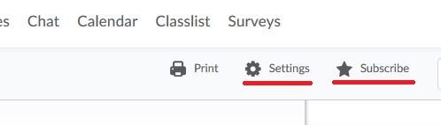 D2L Calendar Settings, Settings and Subscribe options are highlighted
