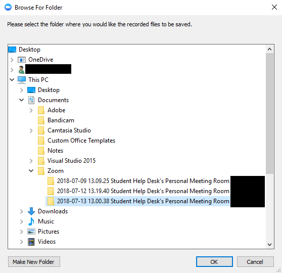 Window showing default location of folder that Zoom recording files will be saved