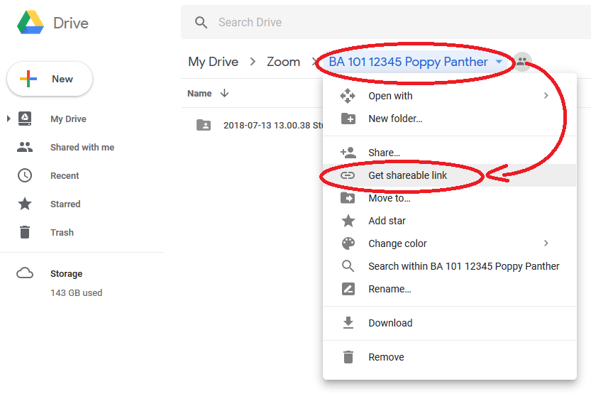 Menu showing within Google Drive when right clicking that shows "Get Sharable Link" option