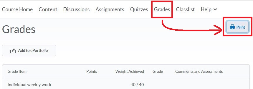Print Option in Grades