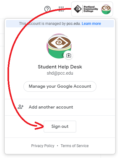 Google account menu showing sign out option