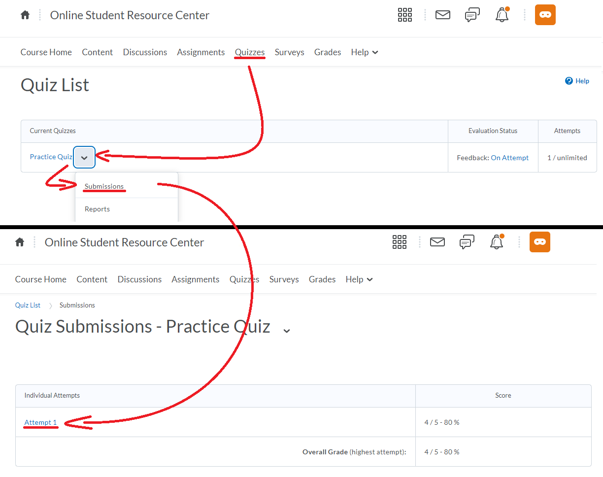 image showing steps on how to get to the submission view for a quiz attempt you have completed