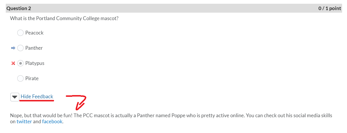 image showing the view feedback link expanded to show feedback for Question 2 of the quiz.