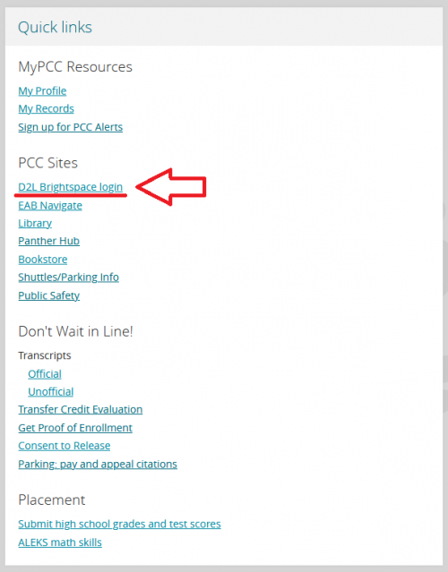 Image highlighting D2L Brightspace Login link listed within the Quick Links box of the MyPCC Home tab.