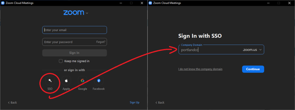 Image showing the Zoom sign in screen where the SSO button is being selected followed by inputting portlandcc in a box asking for a domain