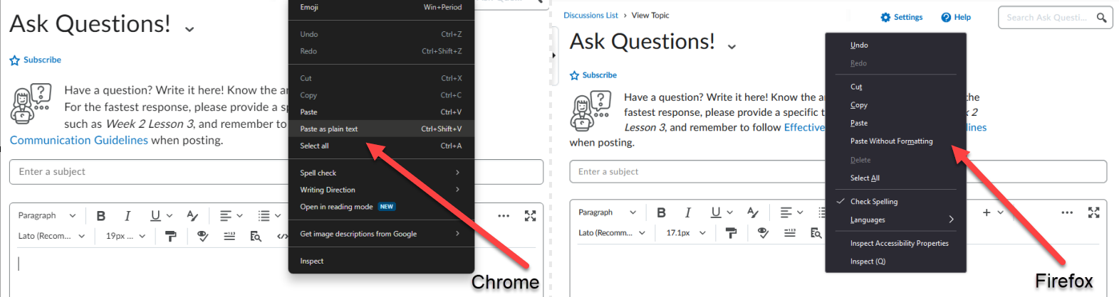 image showing the paste as plain text and paste without formatting options