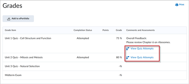 View Quiz Attempt link will show up in-line with the Grade item associated with a quiz