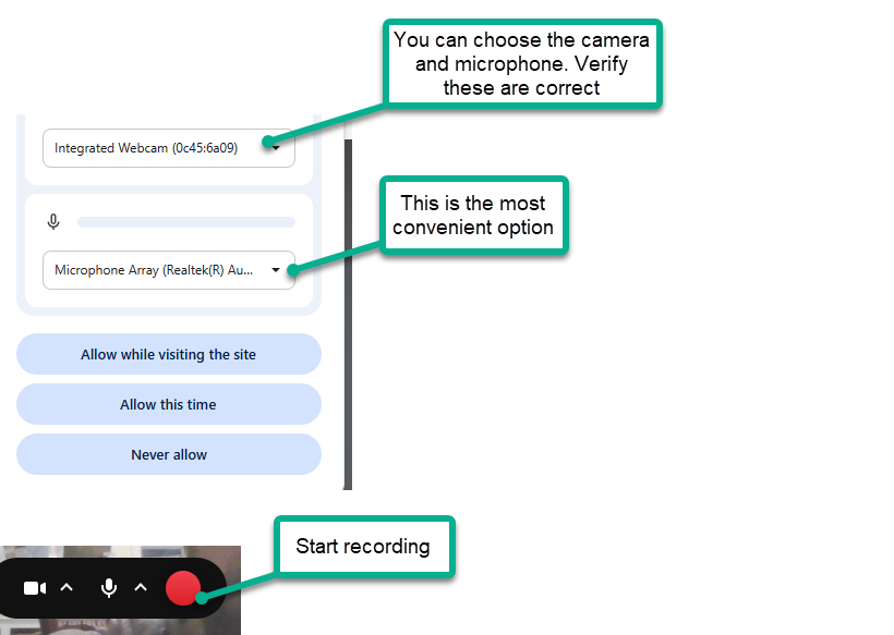 Visual walkthrough: My media > add new > choose "webcam" > Verify camera and mic are selected > choose "Allow while visiting the site > use the start recording button