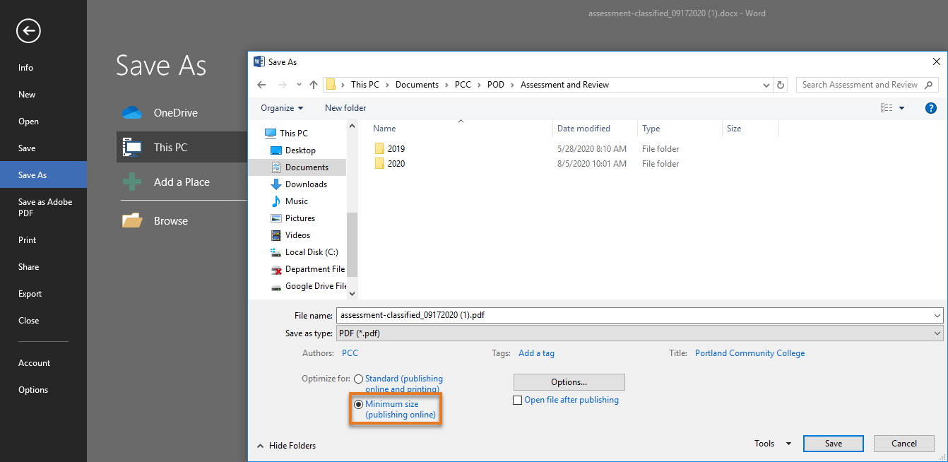 Minimum size (publishing online) option in Microsoft Word