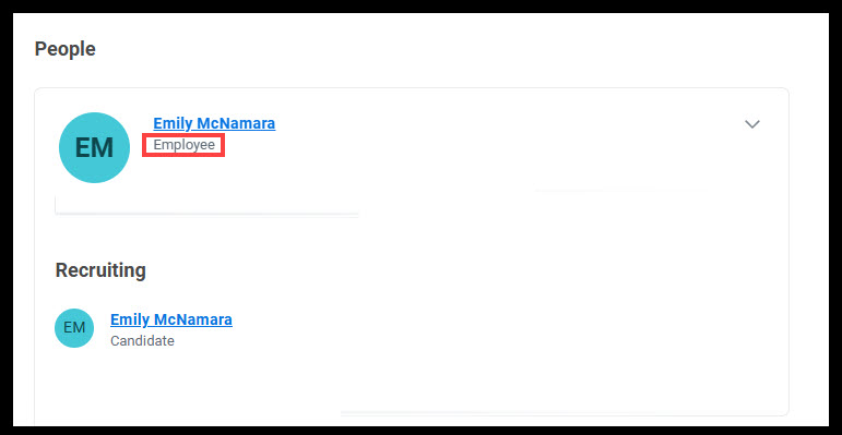 The same person in Workday with an employee status under "People", and a candidate status under "Recruiting".