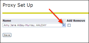 Proxy Set Up screen with arrow to drop down list of managers