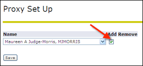 Proxy Set Up screen with arrow to checkmark in Add/Remove box