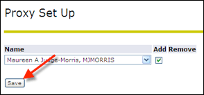 Proxy Set Up screen with arrow to save button