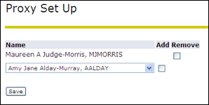Proxy Set Up screen with Name and drop-down meun to select another name