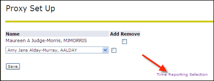 Proxy Set Up screen with arrow to Time Reporting Selection text link