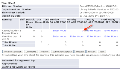 Time Sheet with arrow to hours under Monday April 7, 2008